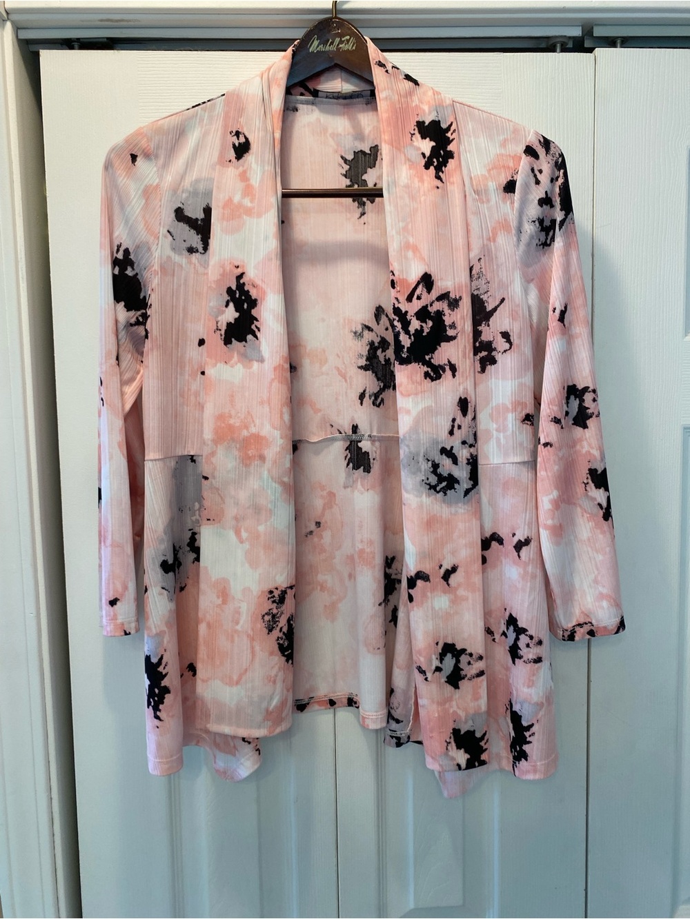 Kasper Pink and Black Floral Open Front Cardigan